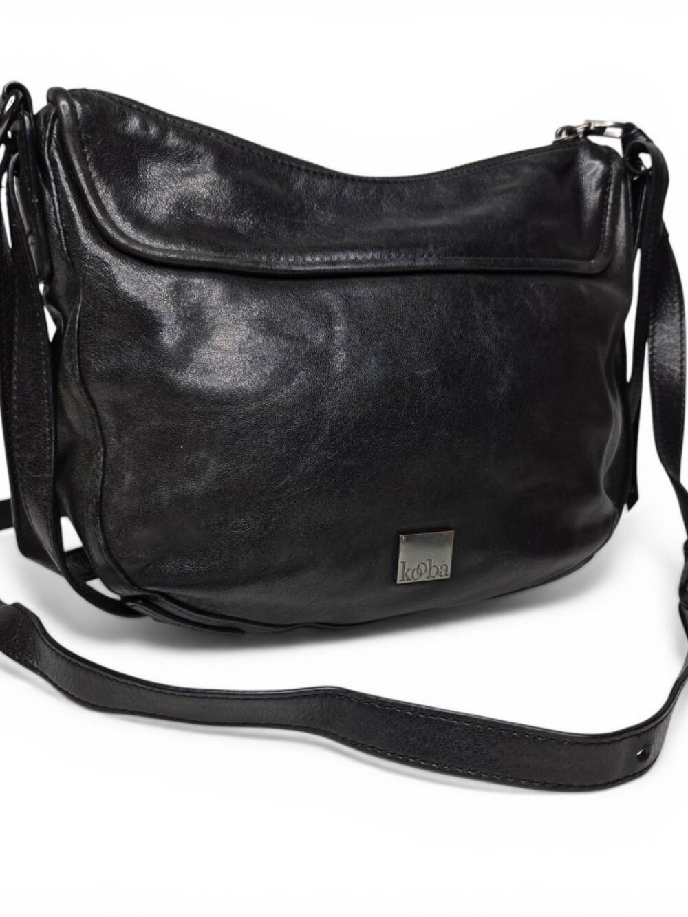 Kooba Distressed Shiny Black Leather Crossbody Purse Bag